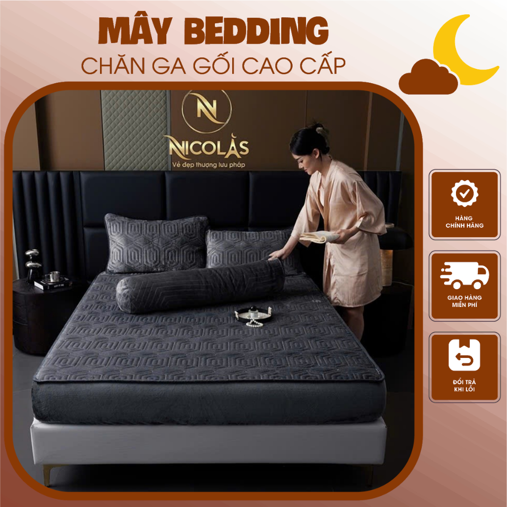 Bộ Chăn Ga Gối Nỉ Chần Bông Nicolas Cao Cấp – Ấm Áp, Êm Ái, Thiết Kế Sang Trọng ( HÀNG NEW 2025 )