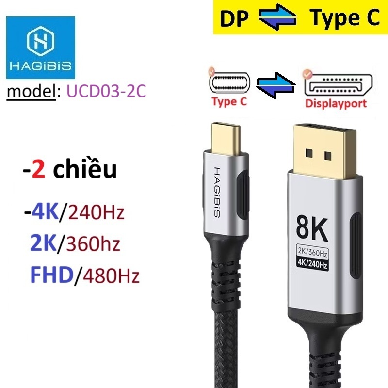 Dây DP to Type C 4K 240Hz Hagibis UCD03 chuyển đổi tín hiệu 2 chiều Displayport sang Type C -Bảo Hàn