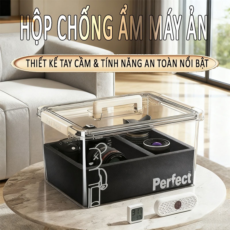 Combo hộp chống ẩm máy ảnh DSLR, Mirrorlessi, Bridge, Compact chuyên dụng 6 trong 1 - Hộp, đệm chống sốc, ẩm kế, hút ẩm