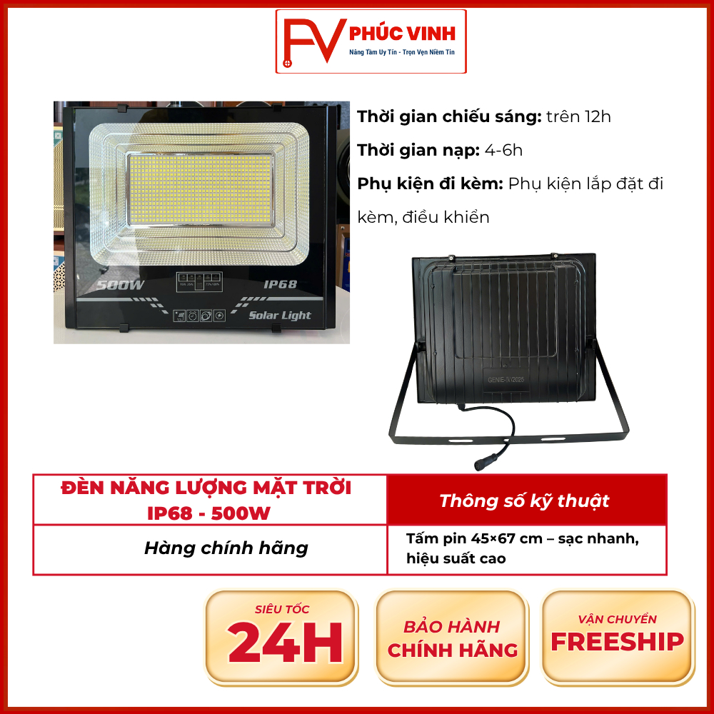 Đèn LED Năng Lượng Mặt Trời Sân Vườn IP68  - Đèn LED Siêu Sáng, Siêu Tiết Kiệm - Công Suất 500W