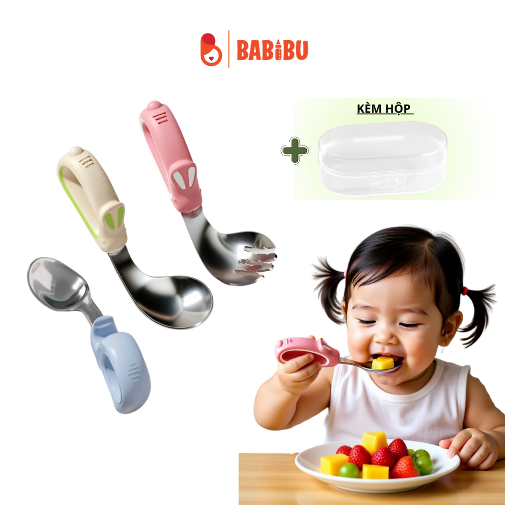 Set thìa dĩa tập xúc cho bé chất liệu inox không rỉ tiện lợi, bộ muỗng dĩa tập ăn an toàn cho trẻ ăn dặm