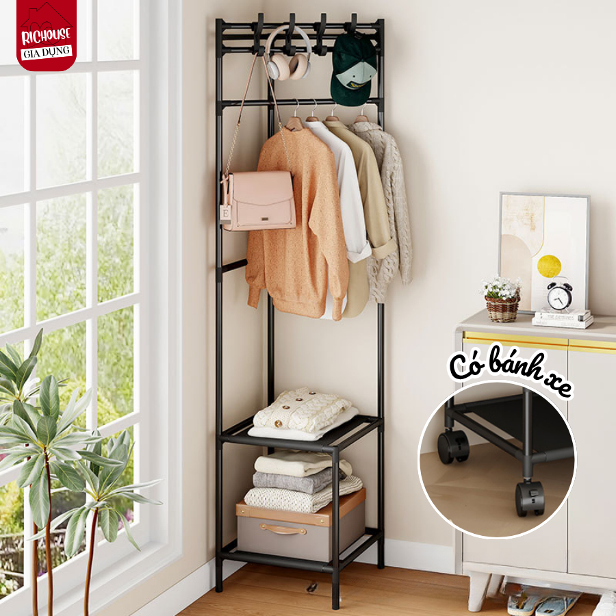 Kệ Treo Quần Áo 360 Độ Gía Phơi Đồ Có Bánh Xe, Kệ Để Giày, Đựng Trữ Đồ Sơn Tĩnh Điện Chống Gỉ