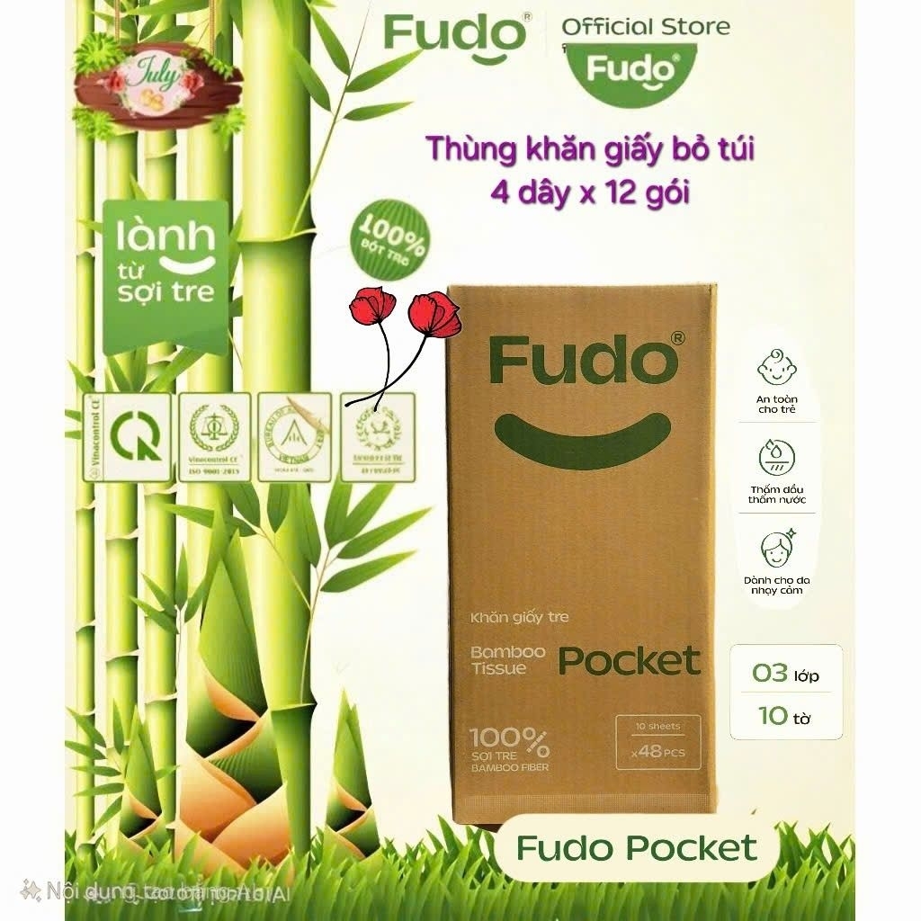 (Fudo)💥 KHĂN GIẤY BỎ TÚI Fudo. Làm từ bột tre. Không tẩy trắng. Không rã nát khi thấm nước.
