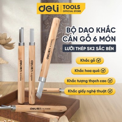 Bộ Dao Khắc Cán Gỗ Deli Cao Cấp - Lưỡi SK2 sắc bén - Khắc Gỗ, Hoa Quả, Thạch Cao, Giấy