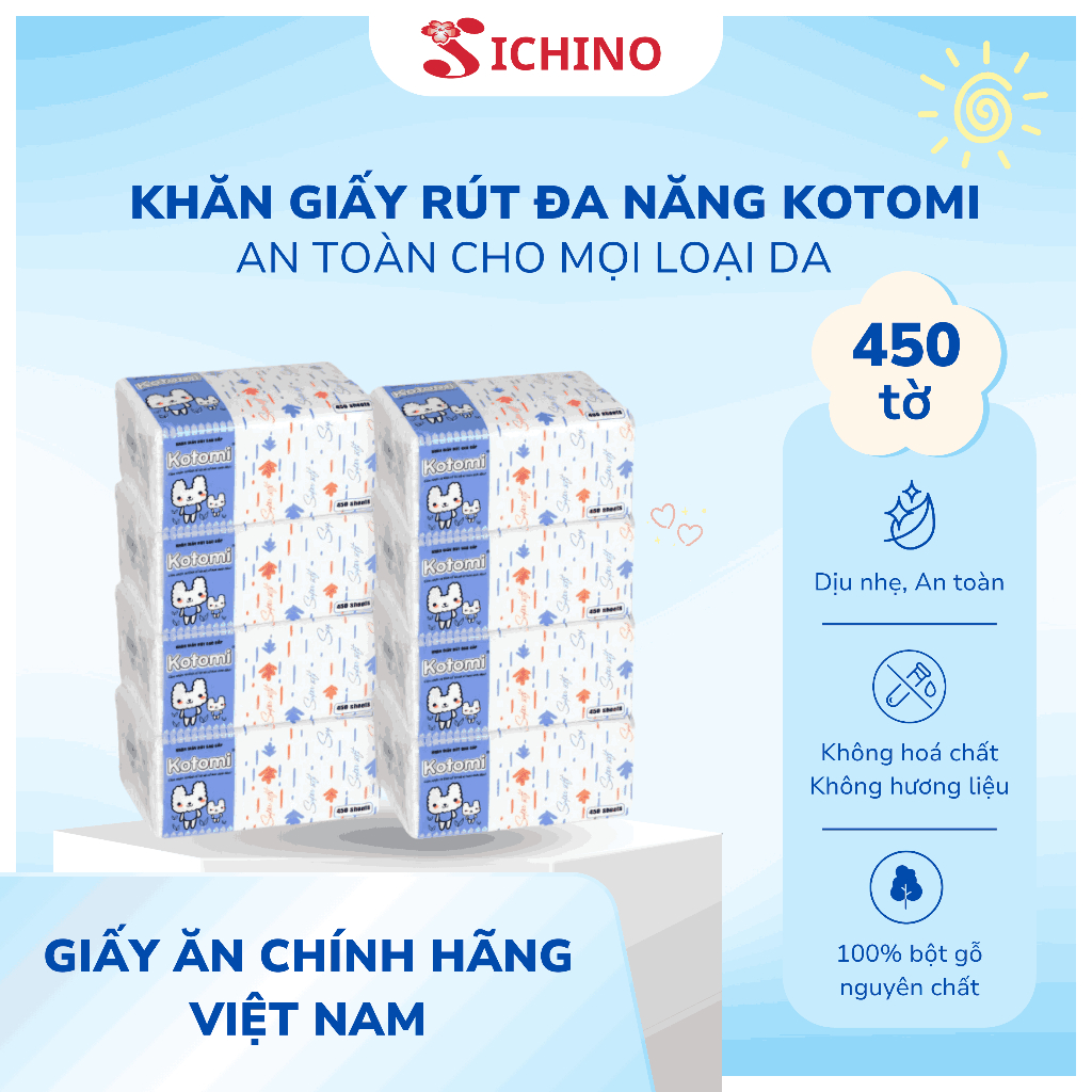 Combo 8 Gói Khăn Giấy Rút Kotomi 450 Tờ – 3 Lớp Organic, Mềm Mại (Chính Hãng Ichino Việt Nam)