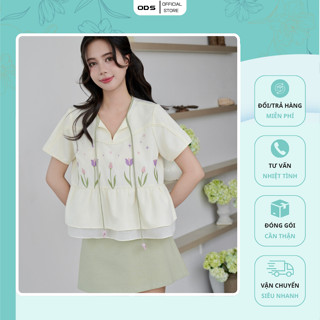  Áo Babydoll Kem ODS thiết kế cổ tròn viền xanh thả dây thân thêu hoa tung 2 lớp tay ngắn - SID68 