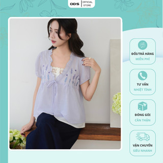  Áo Babydoll Tím ODS thiết kế cổ V bèo cột nơ ngực thêu hoa tay ngắn phồng trong phối áo dây trắng ren - SID69 