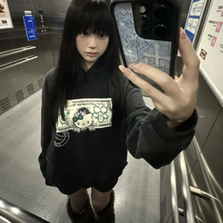  áo hoodie nữ form rộng đen mùa đông áo tay dài girl phố âu mỹ Hello Kitty eleclassm 