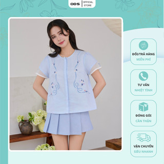  Áo Blue ODS thiết kế cổ tròn đính gài nút 2 bên thân thêu nơ + hoa nhí tay ngắn phối lai tơ trắng - SID65 