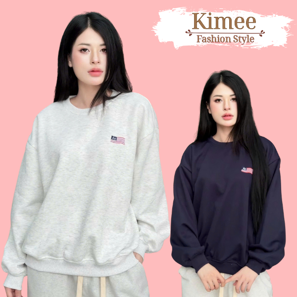 Áo dài tay thu đông áo sweater nỉ 2 da cổ tròn form rộng thêu hình cờ A24 KIMEE HOUSE