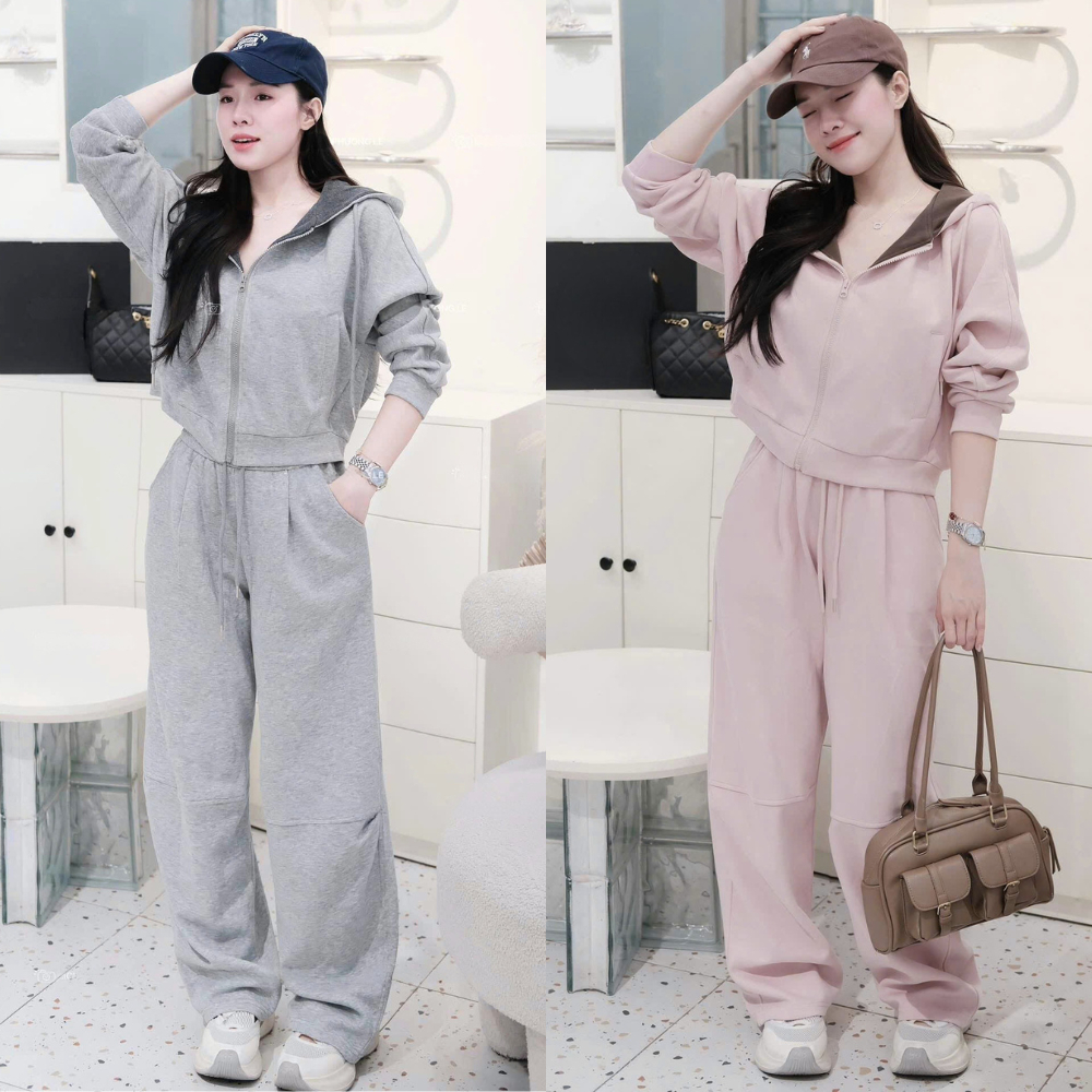 Bộ nỉ nữ, set nỉ nữ 2 da áo khoác mũ khóa trơn quần ống xuông xếp li