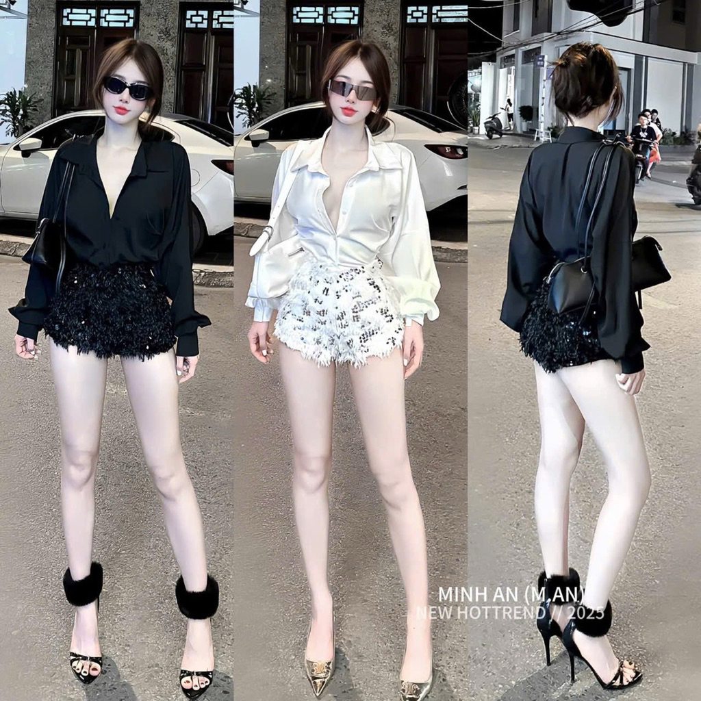 Sét Kiêu Kỳ Áo Sơ Mi Tay Dài Phối Quần Sort Lông Vũ Kim Sa Bling Bling