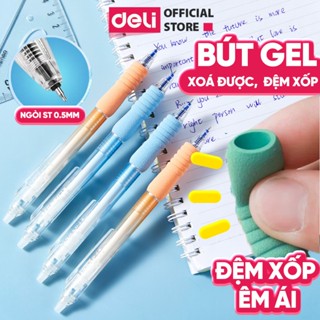   Gel Đệm Xốp Xóa Được  Hộp 12 Bút Bi Nước Gel Deli Xóa Được Đệm Xốp Mực Xanh Đen Ngòi ST 0.5mm Học Sinh Văn Phòng 