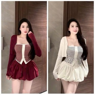  Set váy nữ 3 món áo trong cúp ngực ôm body kèm khoác tay dài chất tăm phối chân váy bí mango xinh đáng yêu nhauyentrend 