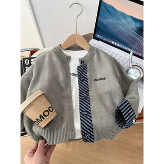 Áo len cardigan bé trai 2025 Xuân Thu Thời trang trẻ em mới Áo len dệt kim màu tương phản Áo khoác bé trai