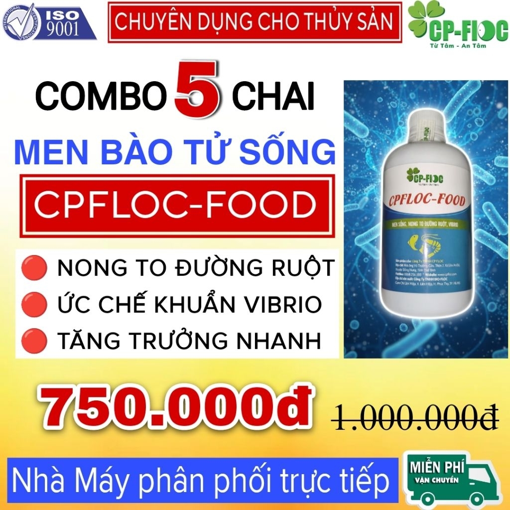Combo 5 chai Men Bào Tử Sống hàm lượng cao Ức chế Khuẩn gây bệnh Vibrio, Nong To Ruột CP FLOC-FOOD