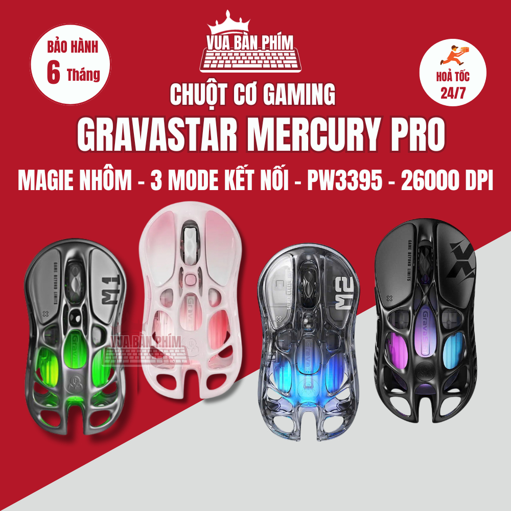 Chuột gaming Gravastar Mercury X Pro / M1 / M2 3mode ,thiết kế rỗng, led rgb Đèn nền Công thái học 2