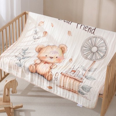 Chăn cho bé KidsWorld xô Cotton nguyên chất hoạt hình 6 lớp in hoạ tiết 5D kháng khuẩn KT 110x105cm