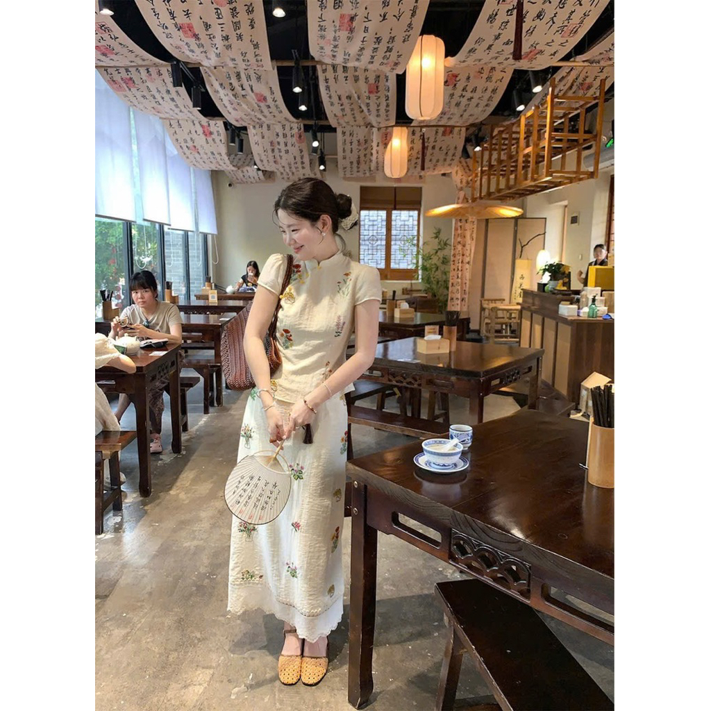 Hion Store - (CÓ BIGSIZE) Set áo cổ tàu kem thêu giỏ hoa + chân váy size SMLXL 355