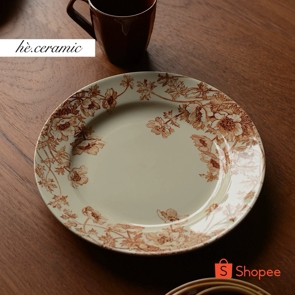 HÈ.CERAMIC / Dĩa gốm vòng hoa nguyệt quế màu nâu củi khô Hazel Plates vintage. Dĩa gốm mùa Thu Đông 