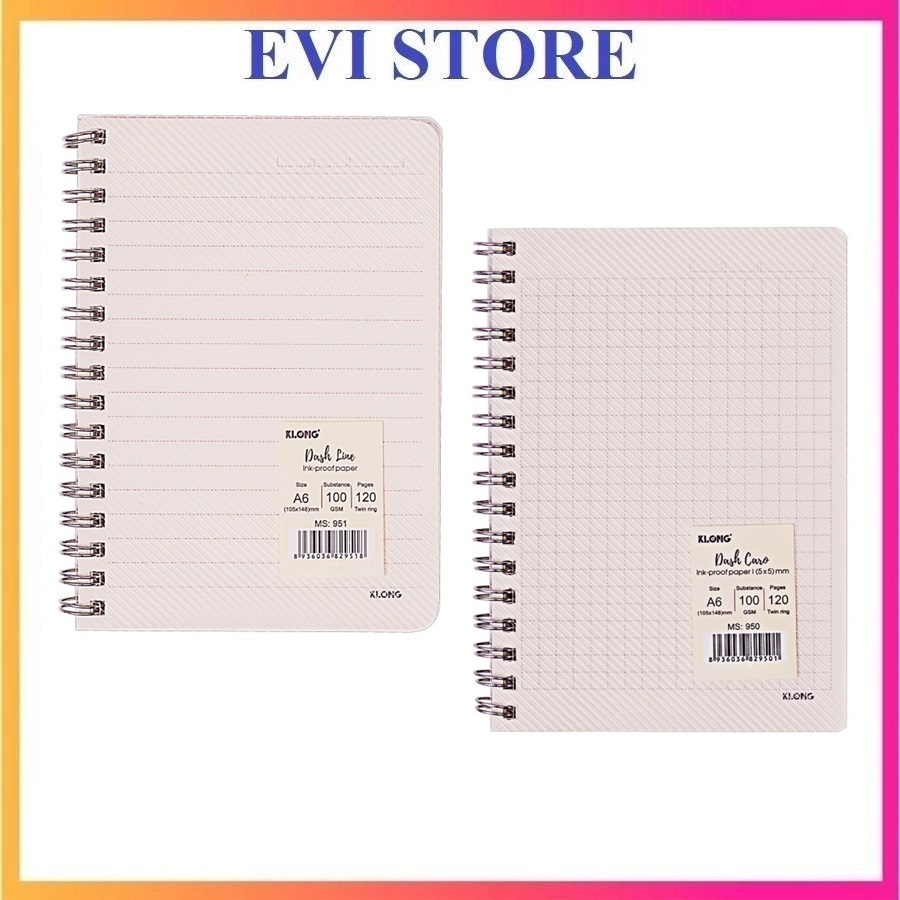 Set 2 sổ Dash Line / Dash Caro lò xo kép bìa nhựa 2 mặt 120 trang A6 Klong 950 / 951