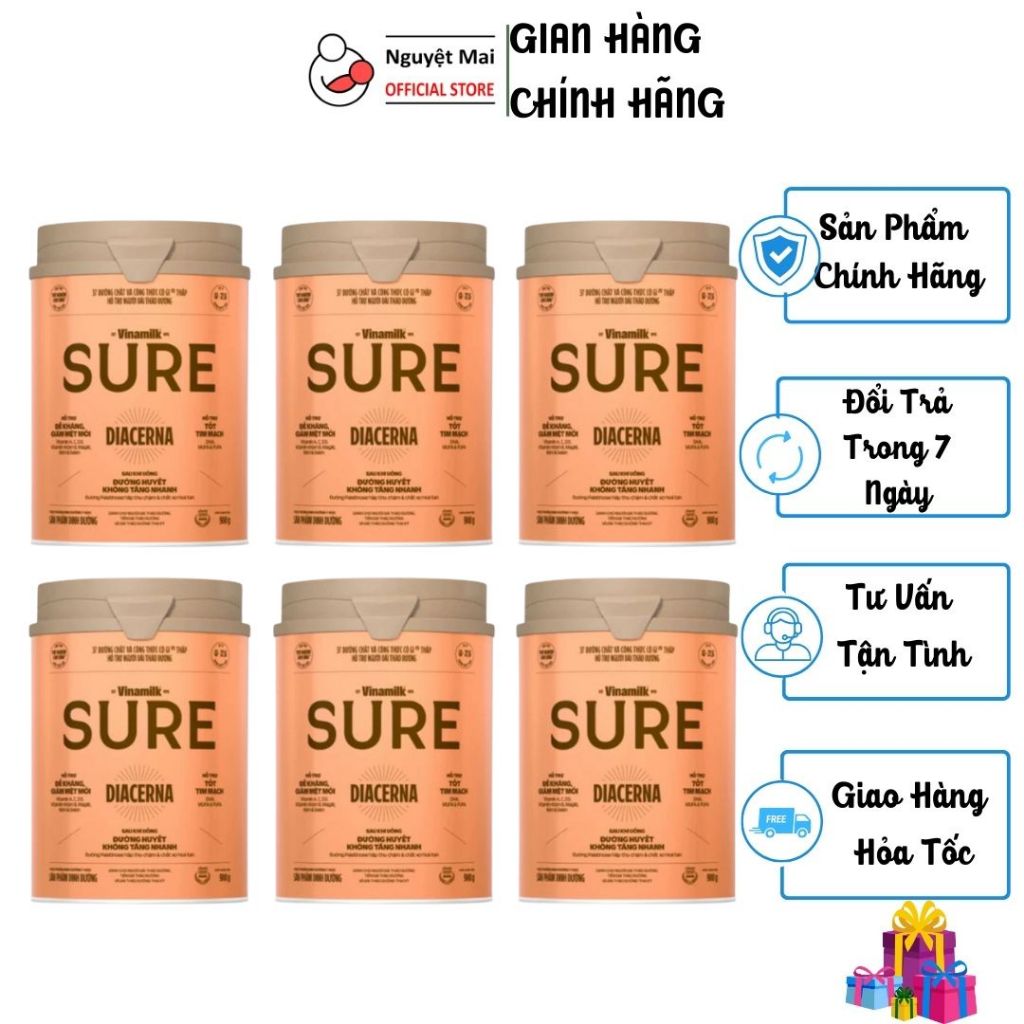 Combo 6 hộp Sữa bột Vinamilk Sure Diecerna tiểu đường - hộp 900g