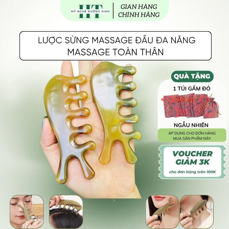 Lược Sừng Massage  Đầu Hình Cá Heo 7 Răng Tròn, Mát Xa Ấn Huyệt Thư Giãn Cơ Thế - Mỹ Nghệ Dưỡng Sinh HT