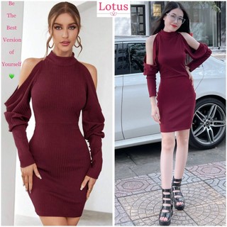 Lotus Đầm Yếm Tay Dài Trễ Vai Màu Đỏ Rượu Nho Burgundy Sang Trọng , Đầm Ôm Body Thun Gân Đẹp , Đầm Dự Tiệc Cổ Yếm Đỏ Mận