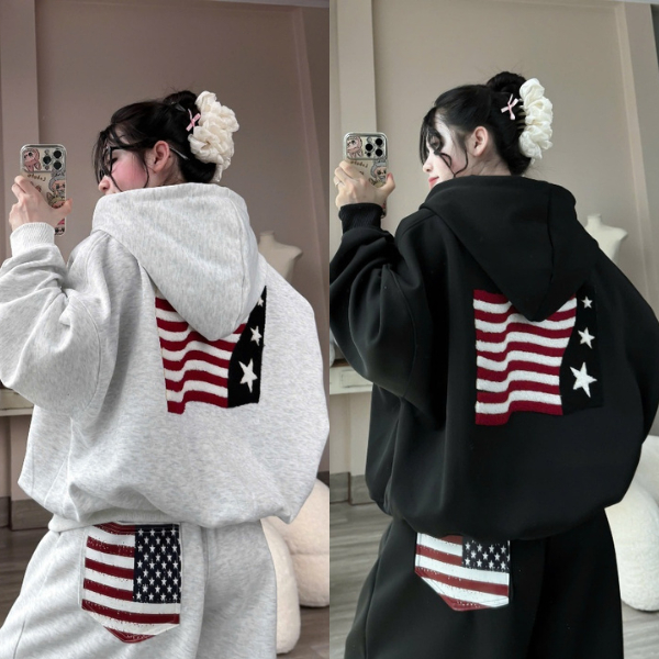 Áo Khoác nữ Hoodie Zip USA COTTON Thêu LOGO Lá cờ Mỹ Form Boxy Form Rộng Nam Nữ Unisex 2026