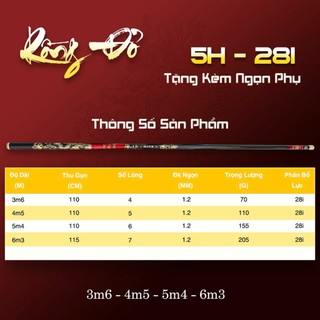 Cần câu tay Rồng Đỏ độ cứng 5H chuyên câu đơn câu đài hàng cao cấp chính hãng tặng ngọn phụ