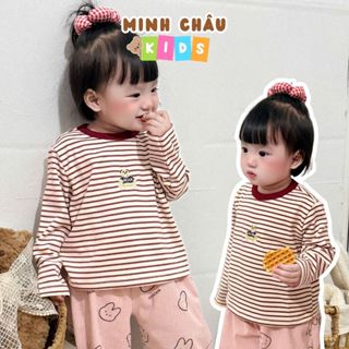  Áo Thun Kẻ Cotton Cho Bé 8-25Kg Mặc Tết 2026 Thêu Gấu Chất Vải Đẹp Áo Thu Đông Dài Tay Cho Bé Minh Châu Kids AO13 