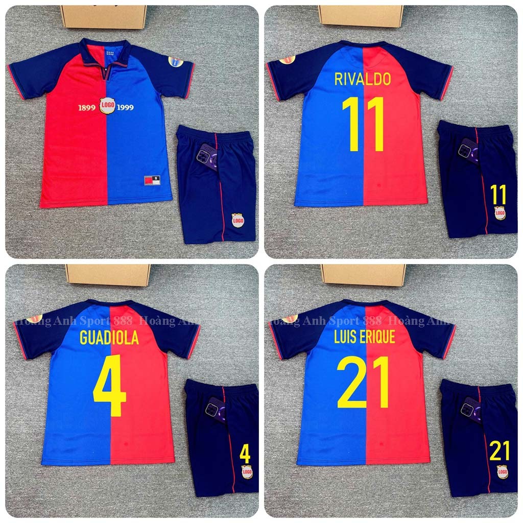 Bộ Quần Áo Bóng Đá/ Áo Đá Banh Retro CLB Barca 1999 Quần Có Túi- Vải Polyester Thái Cao Cấp