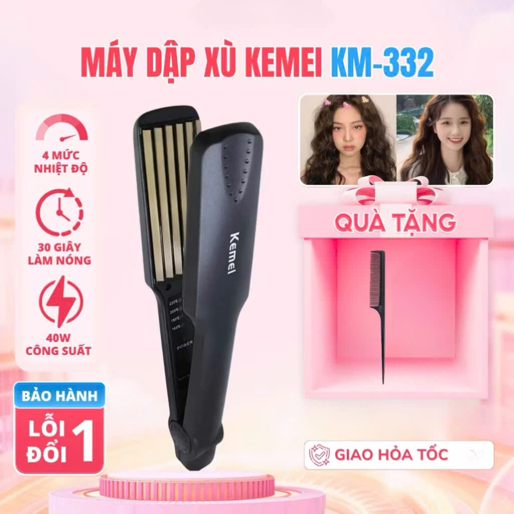 Máy bấm tóc kemei 332 chuyên nghiệp, Máy làm tóc dập xù có 4 mức chỉnh nhiệt, Bảo vệ an toàn tóc,bảo hành 12 tháng.