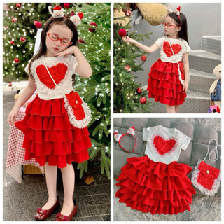  Bộ chân váy đỏ bồng bềnh dáng lửng + áo thun trắng tim bèo + cài tóc va túi cho bé gái 