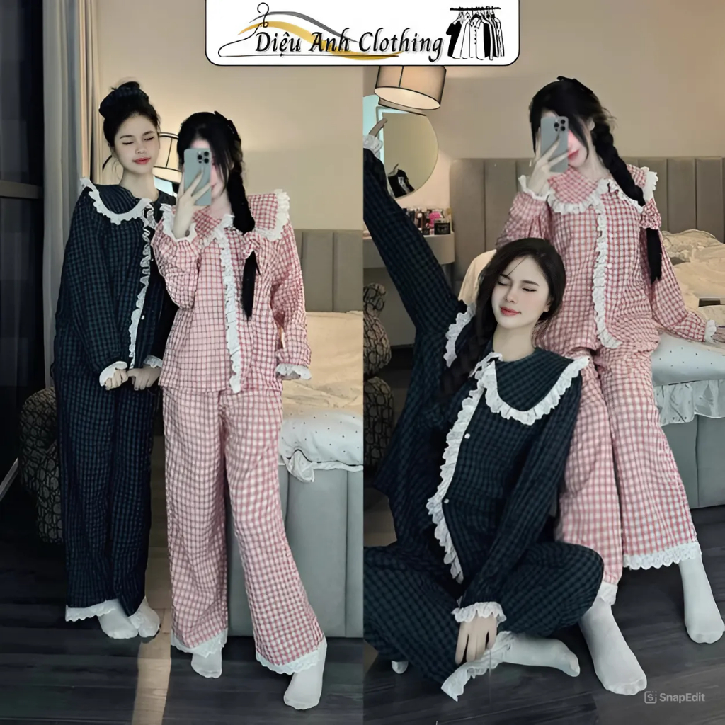  Set Đồ Ngủ Kẻ Caro Phối Bèo Tay Dài Kèm Quần Suông Ống Rộng freesize 