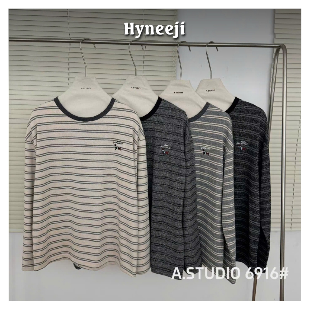 Áo thun dài tay cổ tròn thêu cún kẻ ngang dáng rộng 6916 A.STUDIO Hyneeji #HA355 - QC