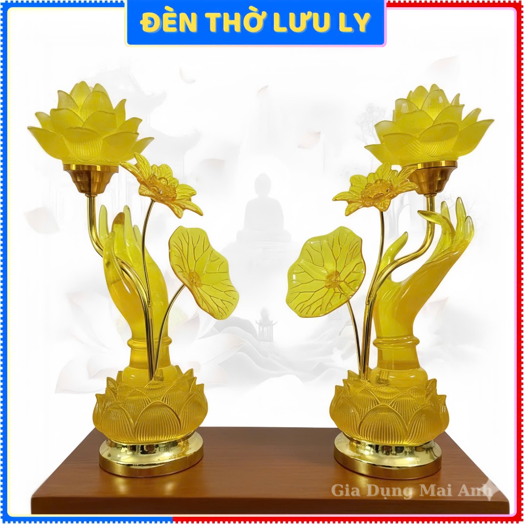 Đèn thờ hoa sen lưu ly, đèn bàn tay phật, trang trí bàn thờ gia tiên, phong thủy bình an.