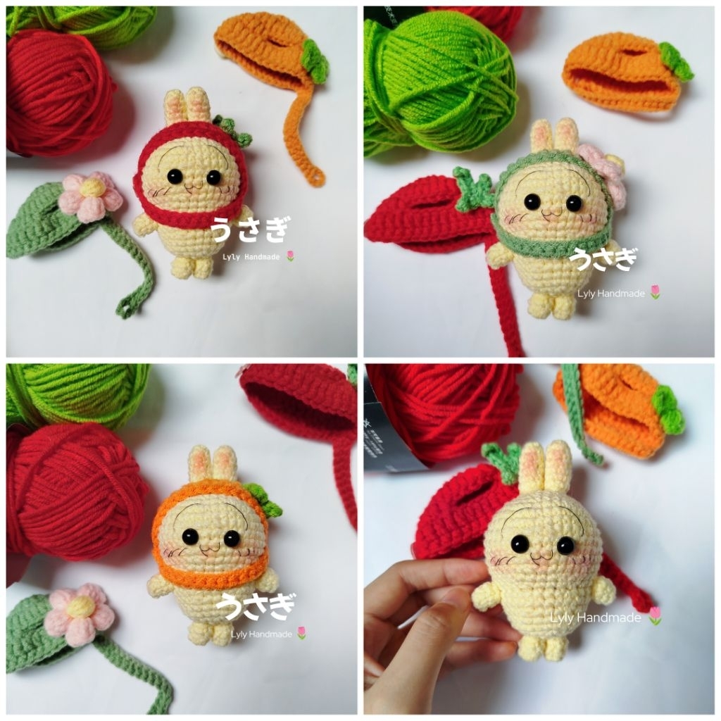 Móc khoá usagi mũ hoa quả bằng len handmade