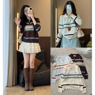  Áo len dài tay phối cổ polo kẻ sọc khoá kéo POUCH 