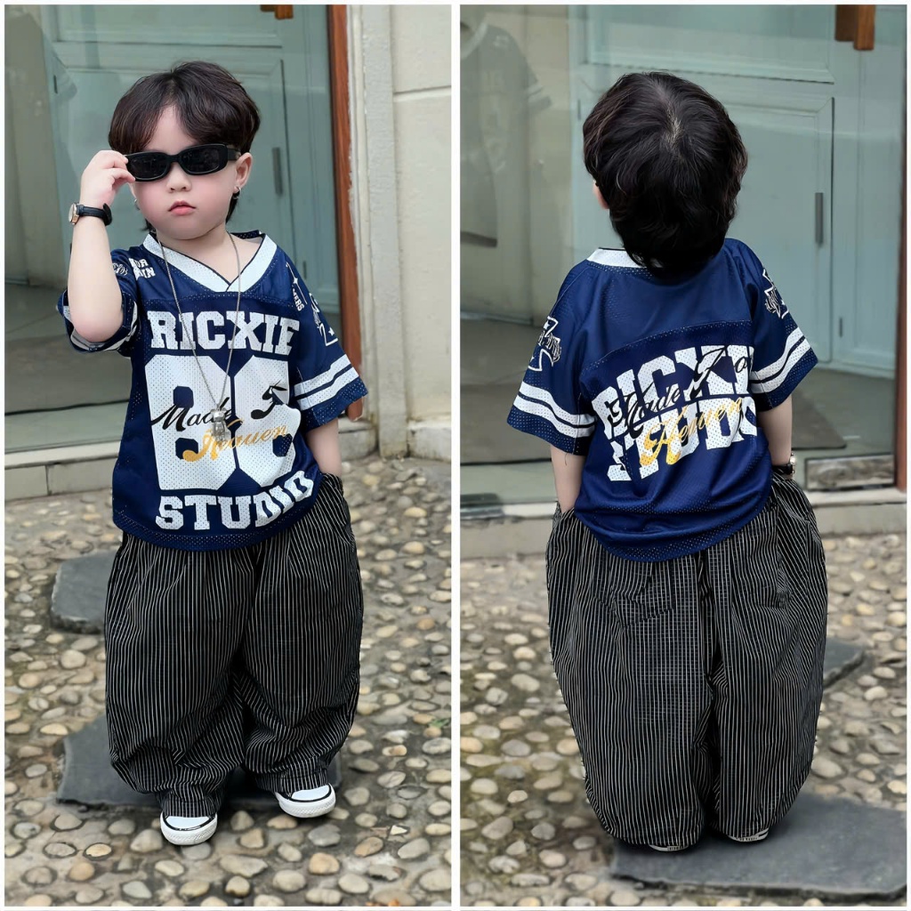 Ricxie-kids Áo Thun Lưới Số 88 Ricxie Kids Cho Bé Trai Và Bé Gái Form Boxy Màu Xanh Than Size 1-4