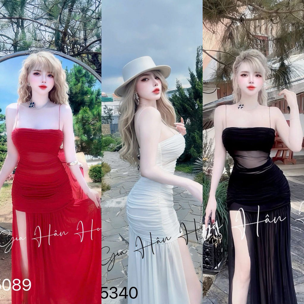  Đầm dài xếp khúc body xẻ tà cao 