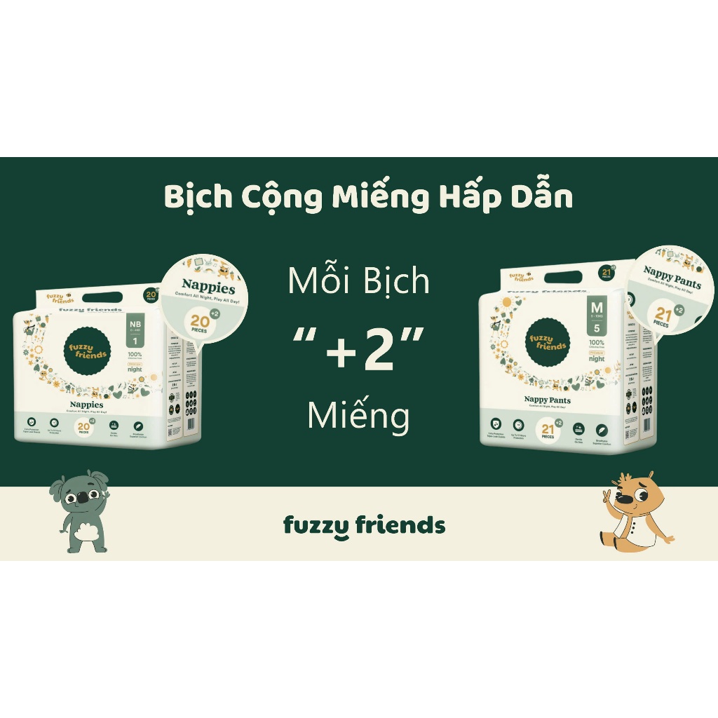 [BỈM FUZZY FRIENDS] BỈM ĐÊM THƯƠNG HIỆU BỈM CAO CẤP ÚC DÁN/QUẦN NB22/S23/M24/L21 M23/L21/XL19/XXL17-