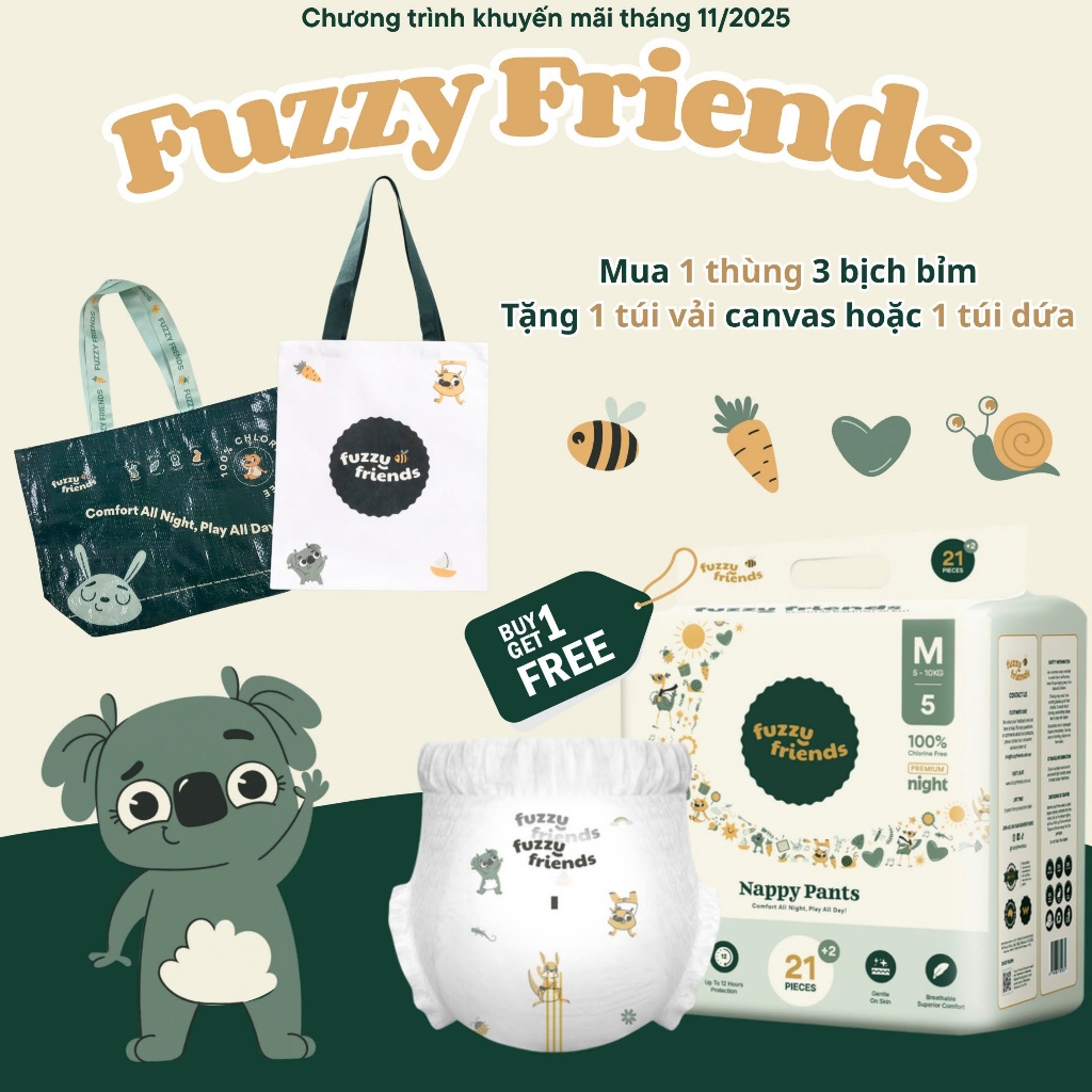 Combo 3 Bịch[BỈM FUZZY FRIENDS] BỈM ĐÊM THƯƠNG HIỆU BỈM CAO CẤP ÚC DÁN/QUẦN NB22/S23/M24/L21 M23/L21