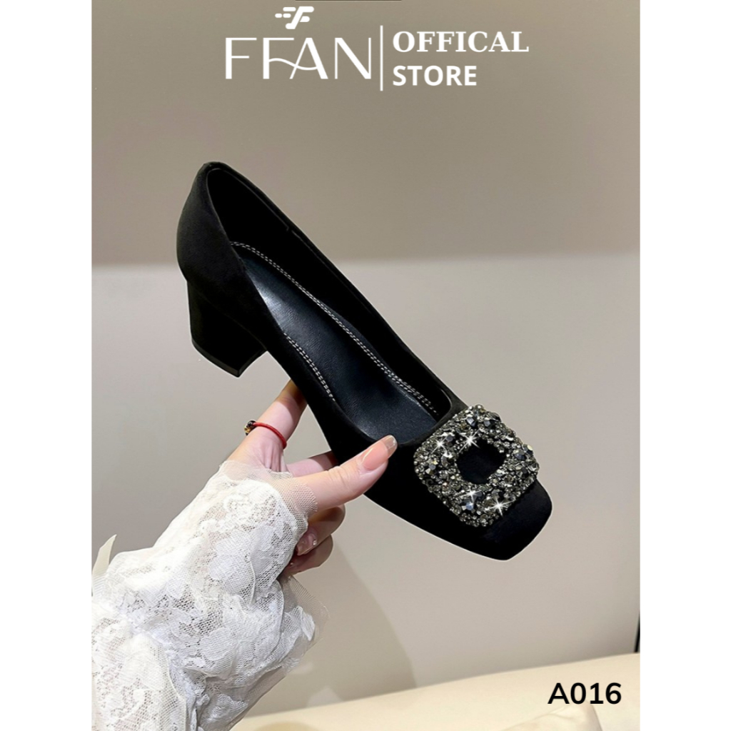 Giày nữ gót vuông mũi vuông [da lộn mềm mại] A016 FFAN STORE cao gót bít mũi đính đá 5 phân màu đen big size
