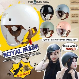  Mũ Bảo Hiểm Nửa Đầu 1 2 ROYAL M239 Màu Trắng Bóng Chính Hãng Cao Cấp Kính Âm Che Kín Mặt Bền Nhẹ Bảo Hành 12 Tháng 