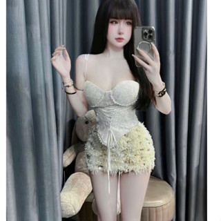  Set áo hai dây ren kèm chân váy lông cực sexy sang chảnh nữ tính cho nữ đi chơi dự tiệc sexy sang trọng 