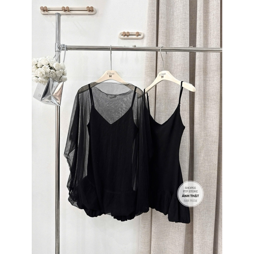[S2.4184] Set 2 Món Váy 2 Dây Đuôi Cá Chất Zip Mix Áo Choàng Voan Tơ 2 Màu | BigBuy360 - bigbuy360.vn