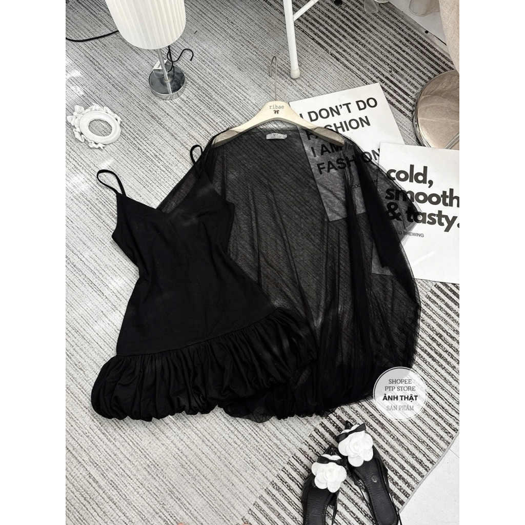 [S2.4184] Set 2 Món Váy 2 Dây Đuôi Cá Chất Zip Mix Áo Choàng Voan Tơ 2 Màu | BigBuy360 - bigbuy360.vn