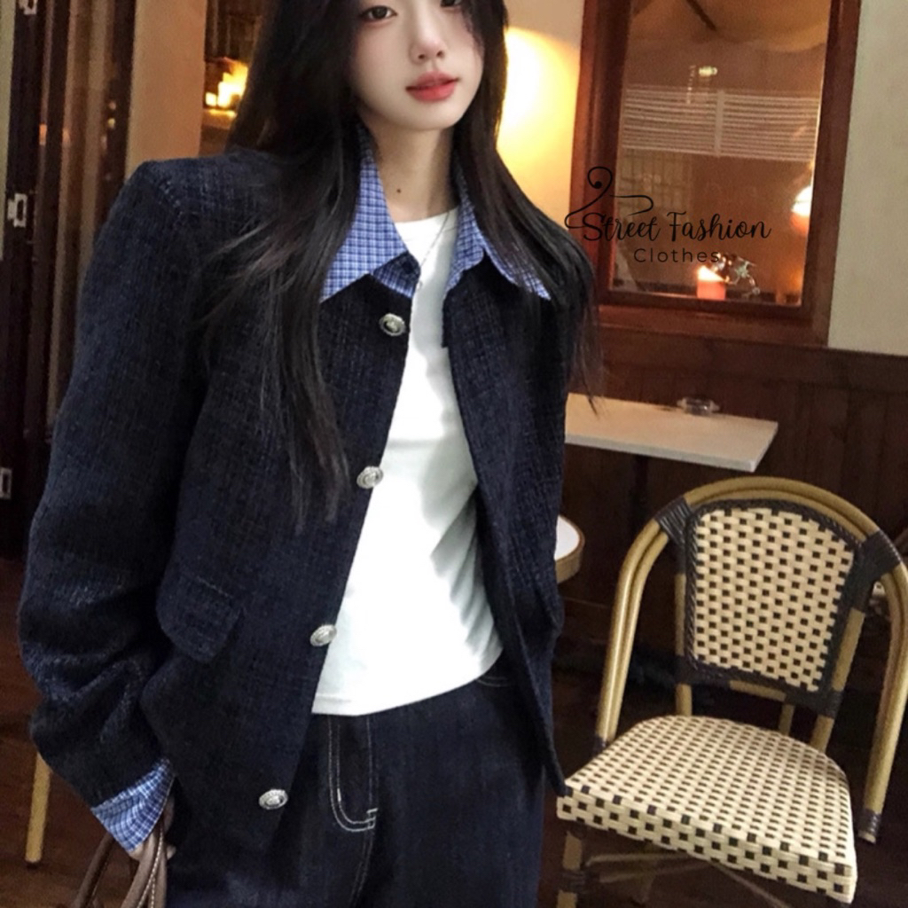 Áo khoác nữ phong cách Hàn Quốc nhẹ nhàng, dạ tweed xanh navy phối cổ viền kẻ trẻ trung năng động