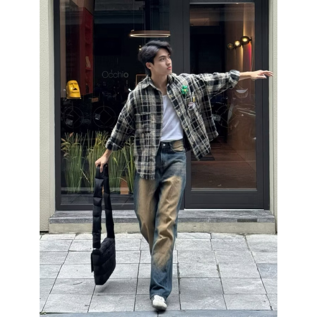 QUẦN JEANS BAGGY WASH NÂU VÀNG TRƠN/RÁCH - QUẦN JEANS WASH (NÂU VÀNG) VINTAGE RÁCH GỐI ỐNG RỘNG PHỦ GÓT - HALO KAKI | BigBuy360 - bigbuy360.vn